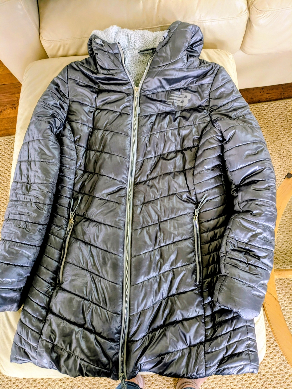 New Balance Women's 🩶 Gray Quilted Puffer Coat with Sherpa Hood